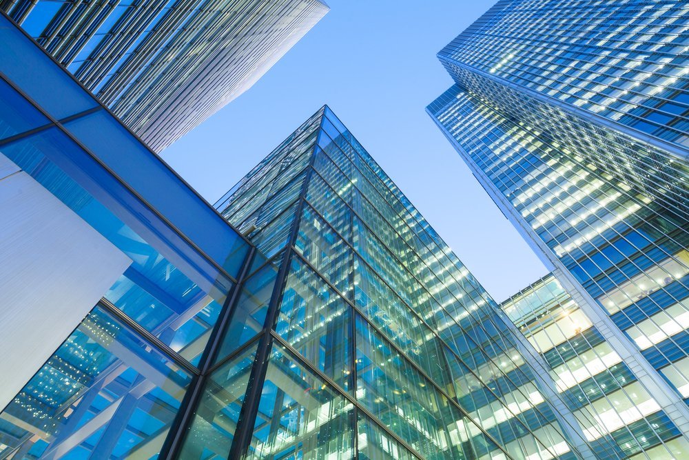 Modern glass skyscrapers in the evening